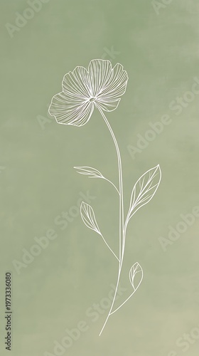 A serene white outline flower with intricate petals and elegant leaves stands gracefully on a gentle green