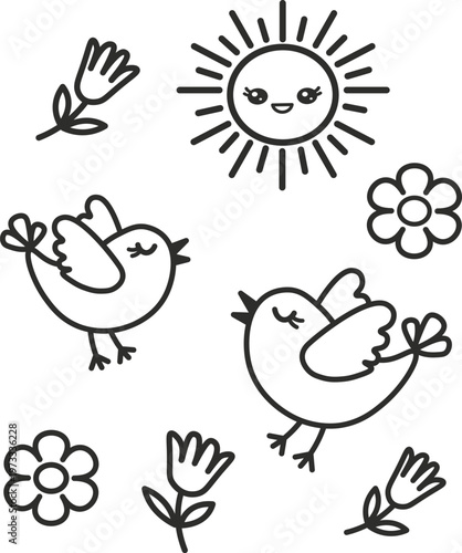 Two birds are flying in sky under sun, with flowers on white background. Children’s spring illustration for coloring book with birds, flowers, and sun. Сelebration card with natural scene.