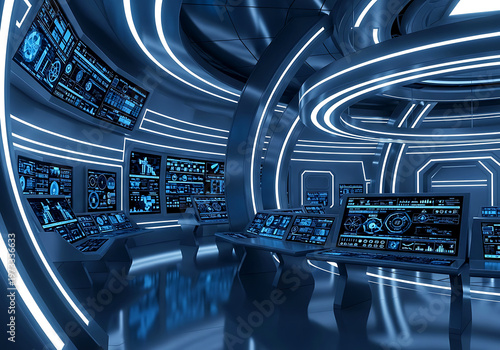 A futuristic spaceship command center featuring glowing blue neon lights and advanced digital data display screens for control