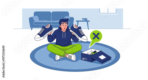 Man confused by wrong shoe size in online order, holding sneakers and looking at box