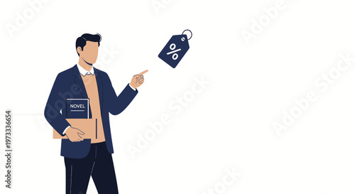 Man Holding Books Points to Discount Tag - Business Sale Promotion Concept