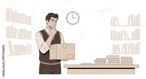 Man holding box, looking at stack of books, thinking about time and knowledge