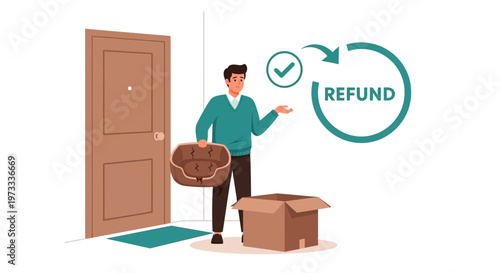 Man returning pet bed in box to door, refund symbol, customer service, online shopping return