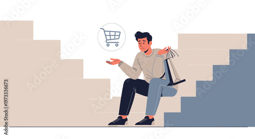 Man sitting on stairs with shopping bags, confused about online shopping cart icon