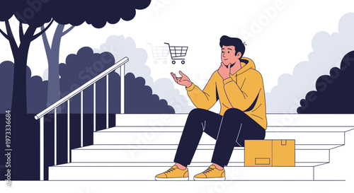 Man sitting on steps with shopping cart hologram, thinking about online shopping