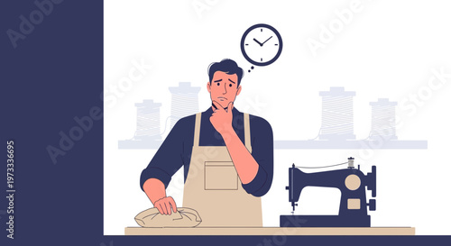 Man sewing, thinking about time, with sewing machine and spools of thread