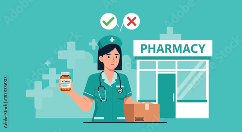 Nurse holding medication bottle near pharmacy, decision icons, parcel