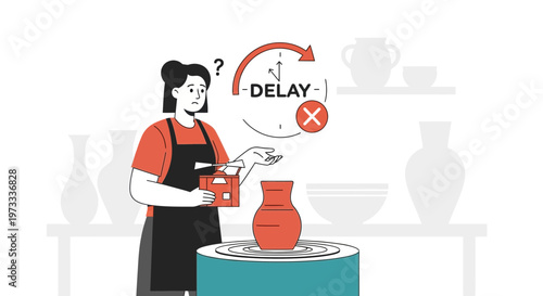 Potter facing delay and frustration with unfinished ceramic vase on wheel