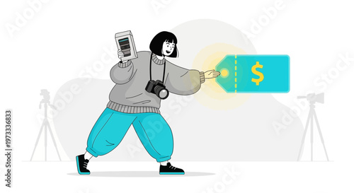 Photographer Selling Photos Online with Price Tag and Camera Gear