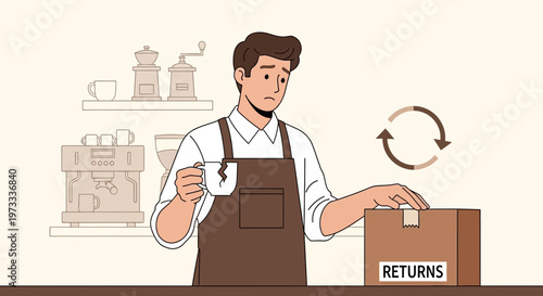 Sad Barista Holding Broken Cup Near Returns Package