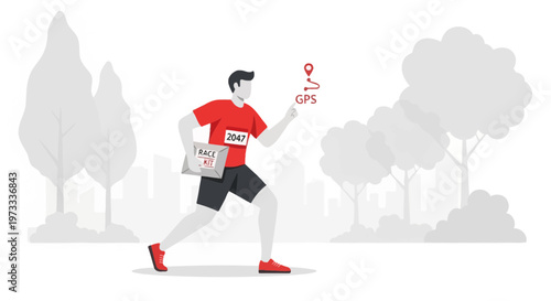 Runner with GPS tracking map on a race route in a park with city skyline background
