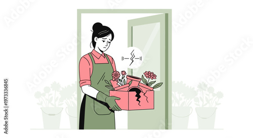 Sad florist holding broken flower box, disappointment, business failure, loss