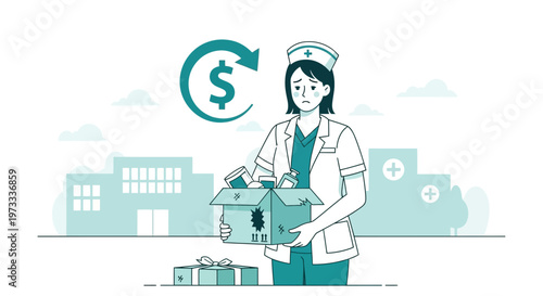 Sad Nurse Holding Donation Box Outside Hospital, Financial Crisis Concept