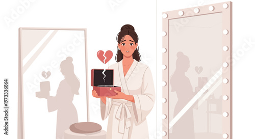 Sad Woman Holds Broken Heart Jewelry Box, Reflection Shows Sadness