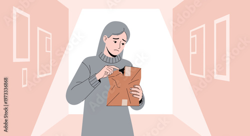 Sad woman opening damaged package, disappointment, online shopping delivery problem