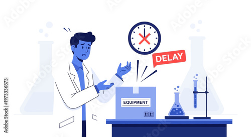 Scientist frustrated by delayed equipment delivery in laboratory, clock shows delay
