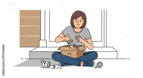 Sad woman sitting on floor, opening damaged package, disappointment, moving day stress