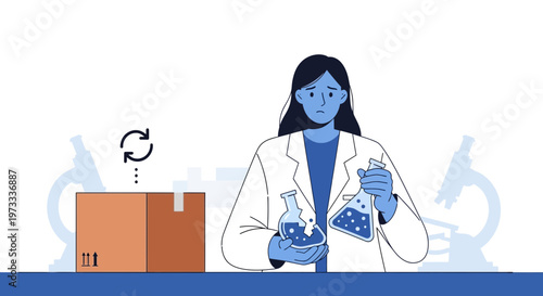 Scientist holding flasks in laboratory with package and microscopes