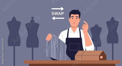 Tailor with fabric and mannequins, business concept of swap and exchange