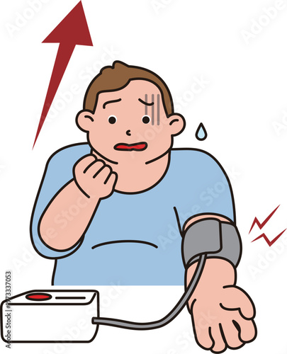 血圧を測る中年の男性。高い血圧に驚くイラスト。