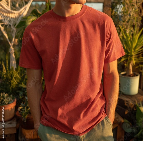 comfort Colors Butter t-shirt on a model, warm neutral studio background, soft diffused lighting, blank shirt, no graphics, commercial mockup