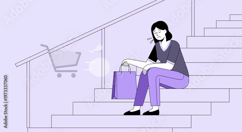 Tired shopper sits on stairs with shopping bag, cart rushes away