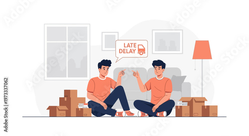 Two men discussing delivery delay while sitting among moving boxes