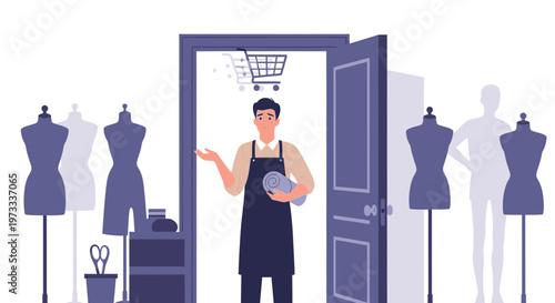 Tailor opens door to online shopping cart, inviting customers to fashion store