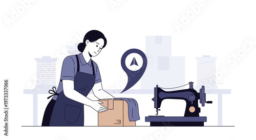 Tailor packing order with sewing machine and location pin, small business logistics