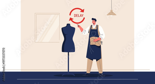 Tailor with Mannequin and Delay Symbol, Sewing Workshop Concept