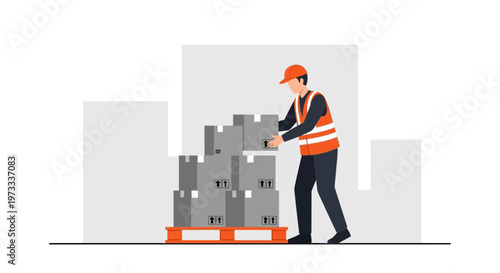 Warehouse worker in safety vest stacking cardboard boxes on pallet for shipping