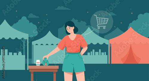 Woman at Outdoor Market Stall Considering Purchase, Shopping Cart Icon Above