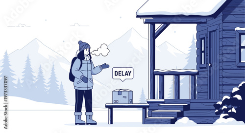 Winter Delivery Delay: Person waiting for package in snowy landscape with cabin