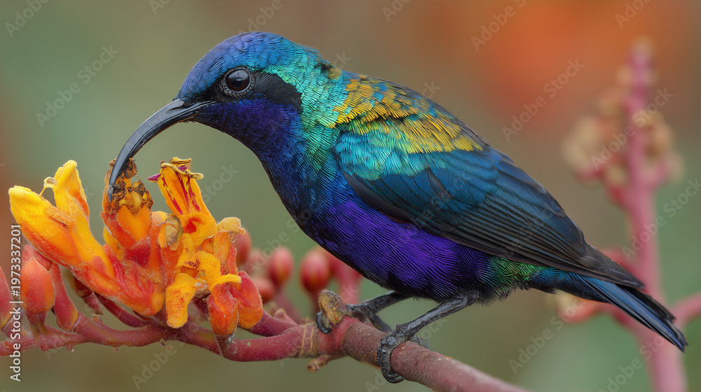 Obraz premium Hummingbird Festival, Iridescent hummingbird feeding on orange tropical flower with vivid colors and detailed texture representing biodiversity and vibrant Hummingbird Festival wildlife theme