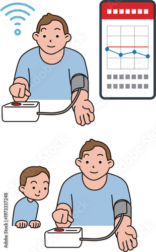 血圧を測る中年の男性。スマホで記録するイラスト。