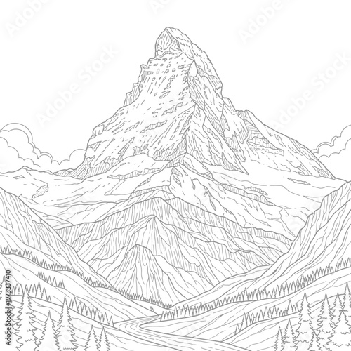 A large mountain with a pointed peak and trees in the foreground
