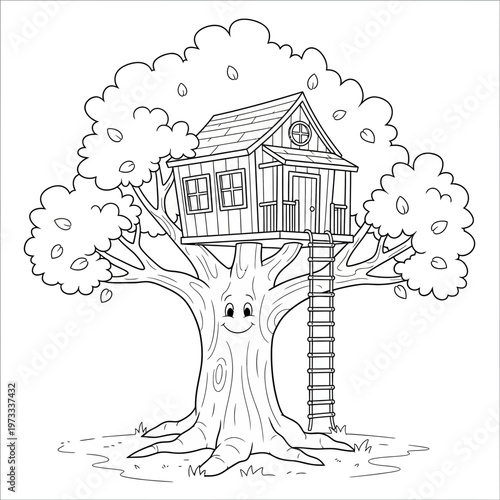 A tree house with a ladder and a smiling tree