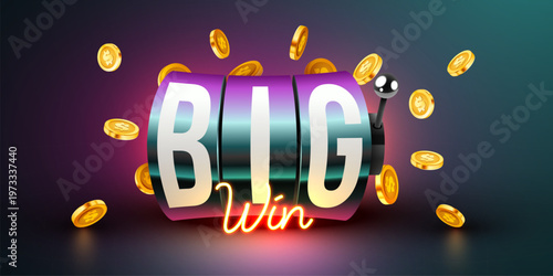 Big Win slot machine reel with glowing neon text and falling golden coins, symbolizing luck and success. Vector illustration