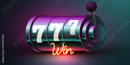Lucky slot machine showing 777 for a jackpot, with a glowing Win neon sign, perfect for casino concept. Vector illustration.