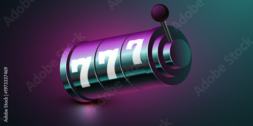 Lucky Seven Jackpot Slot Machine. Three sevens on shiny 3D reels representing a big win. Vector illustration.