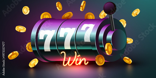 Jackpot slot machine showing triple sevens with flying golden coins and a glowing Win sign on dark background. Vector illustration.