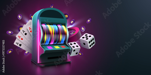 Neon casino game elements, including slot machine, cards, dice, and chips on a dark background. Vector illustration.