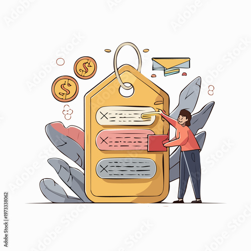 Woman holding large price tag label.