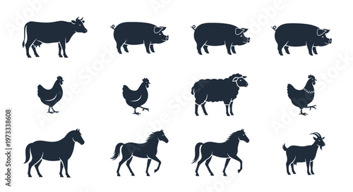 Farm Animal Silhouette Vector Icon Set for Agriculture and Livestock Design Illustration