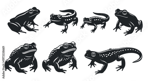 Black Amphibian Silhouette Icon Sheet featuring Frog Toad and Salamander Vector Design Elements