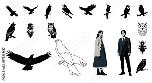 Predatory Bird Silhouettes and Human Figures Vector Illustration Design Element Set