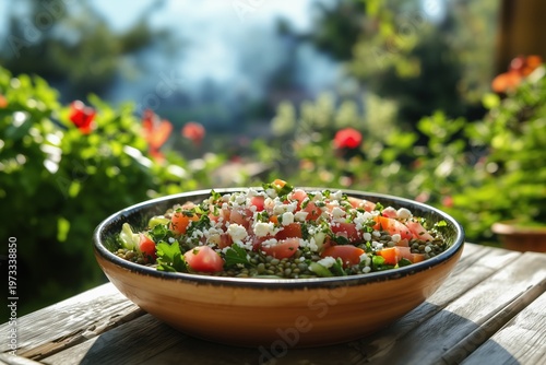 Artistic plate of green lentil salad with tomatoes, herbs and olive oil, close-up view.