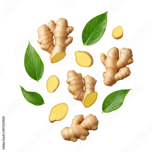 Irregularly cut ginger root with golden-brown skin and pale fibrous flesh, paired with vibrant green leaves, all suspended against a transparent studio background, conveying natural freshness and