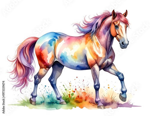 A colorful depiction of a horse in motion. It is painted with watercolor style strokes and rainbow hues. White background