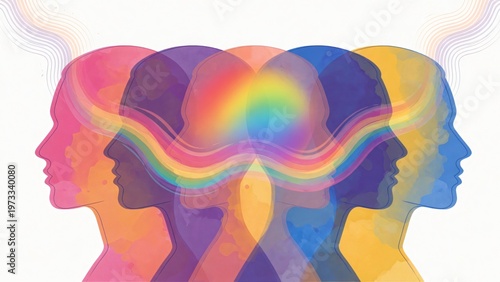 Illustrazione astratta ad acquerello: profili sovrapposti e mente collettiva